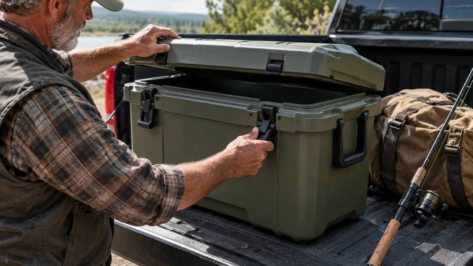 Person opening the lid of a hard cooler on a truck tailgate beside camping gear.