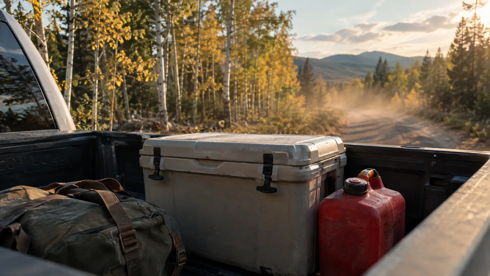 Hard cooler riding in the bed of a pickup truck beside a gas can and a canvas pack on a dirt forest road.