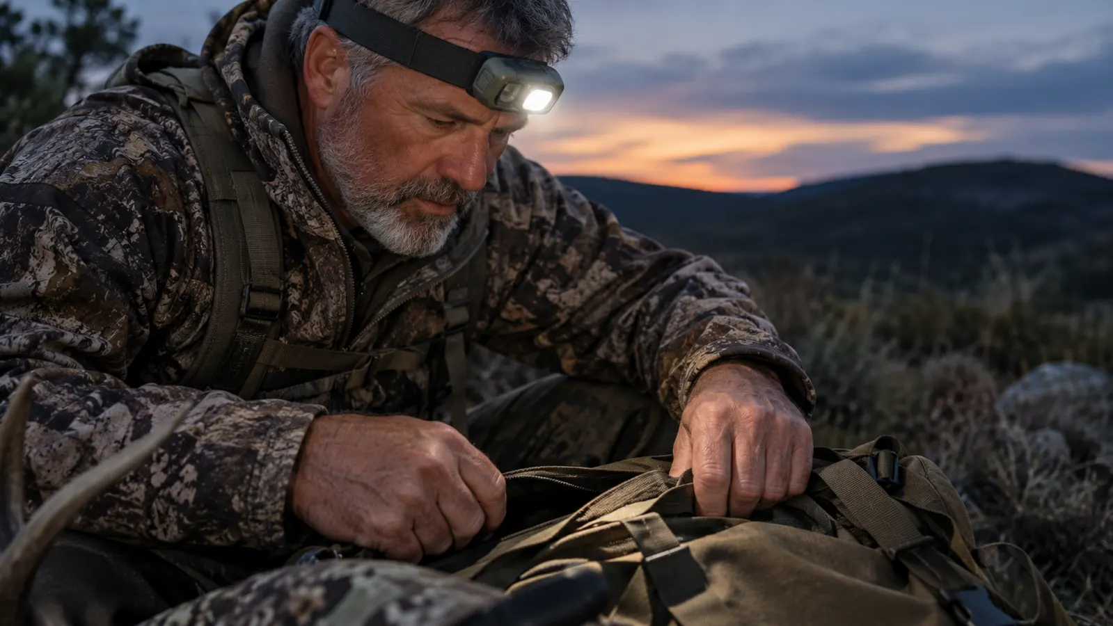 Hunter kneeling beside a pack in the dark, wearing a headlamp and working with both hands