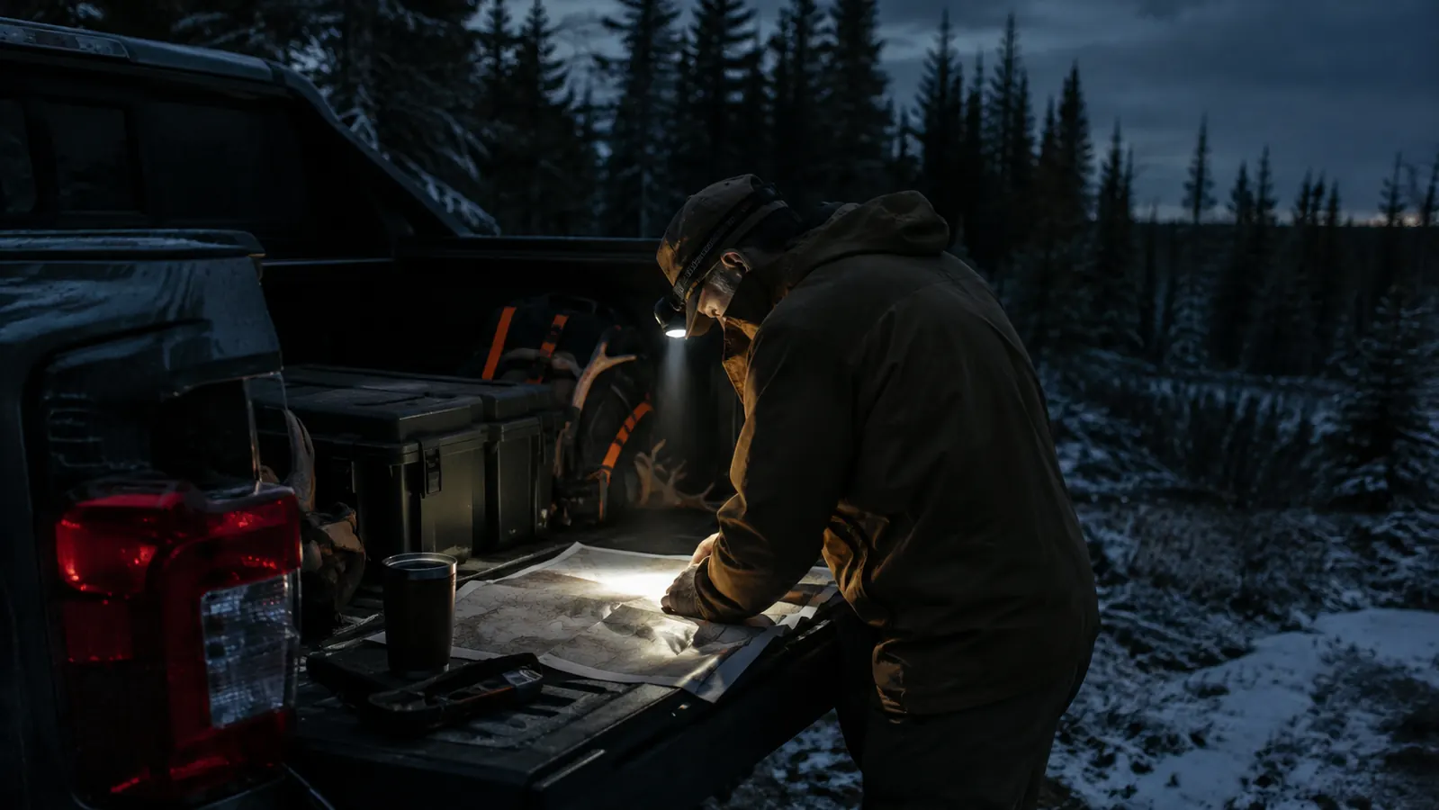 Hunter reading a paper map at night under the beam of a headlamp at the tailgate of a pickup truck