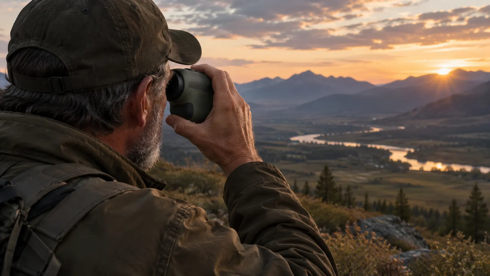 A hunter holding a rangefinder up to one eye while looking across a wide valley at dusk, face not visible.