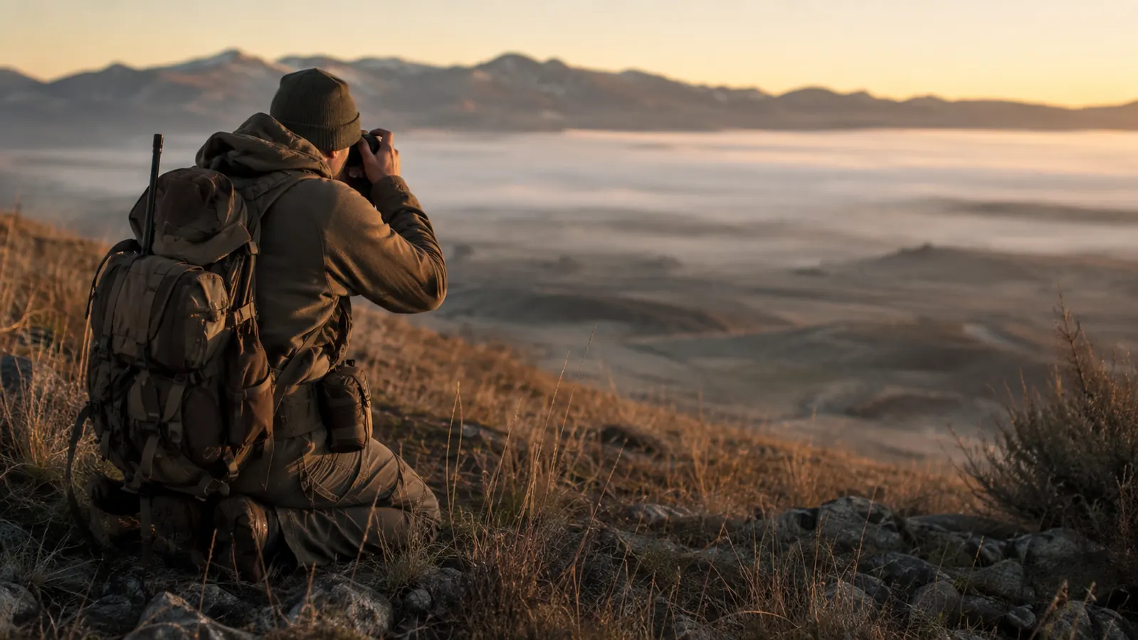 A hunter kneeling on a hillside at first light, looking across a foggy basin toward a distant ridgeline.