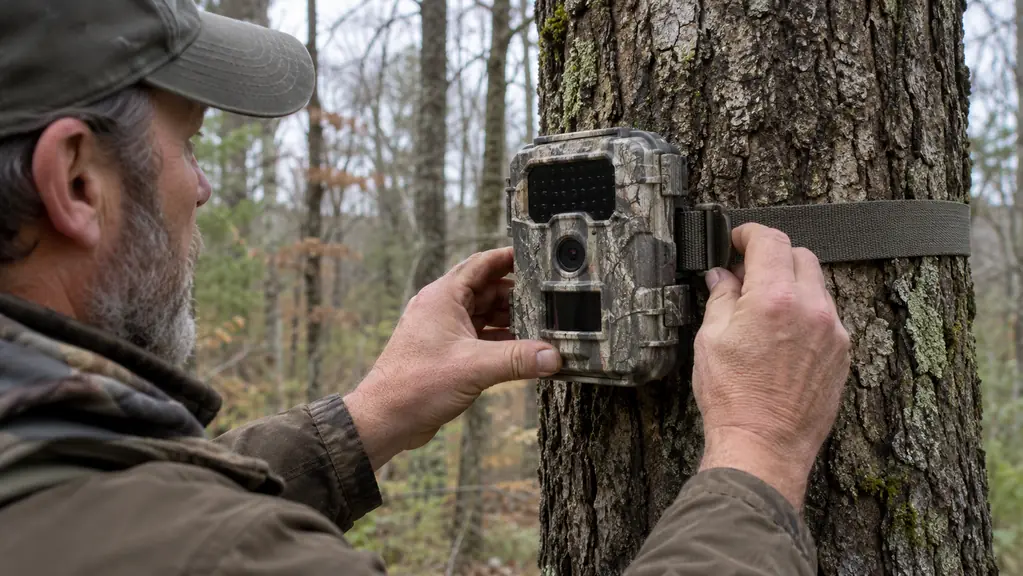 A hunter in a camouflage jacket straps a trail camera to a tree trunk at chest height.