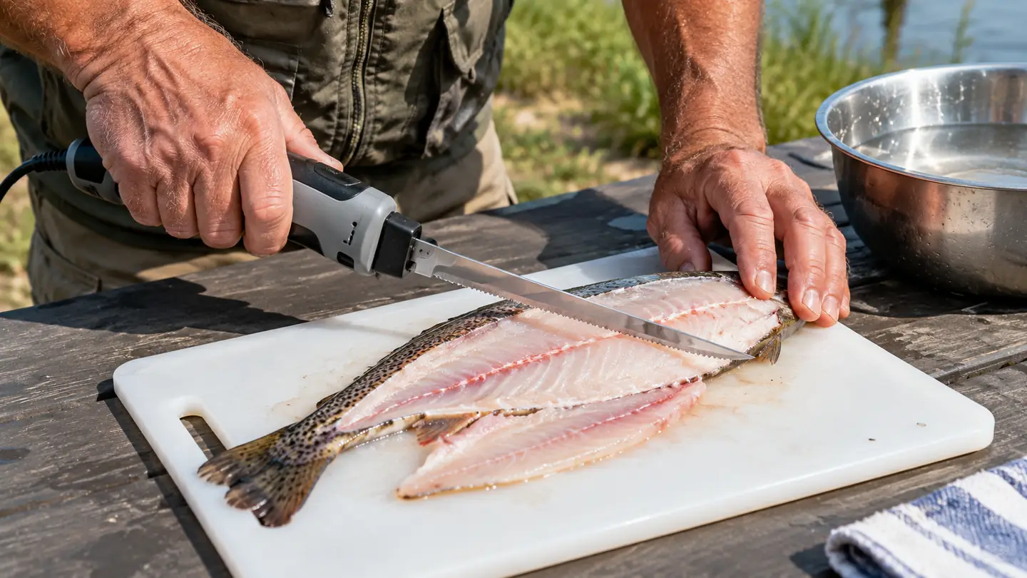 Hand holding an electric fillet knife over a freshly cleaned fish on a cutting board at an outdoor table.