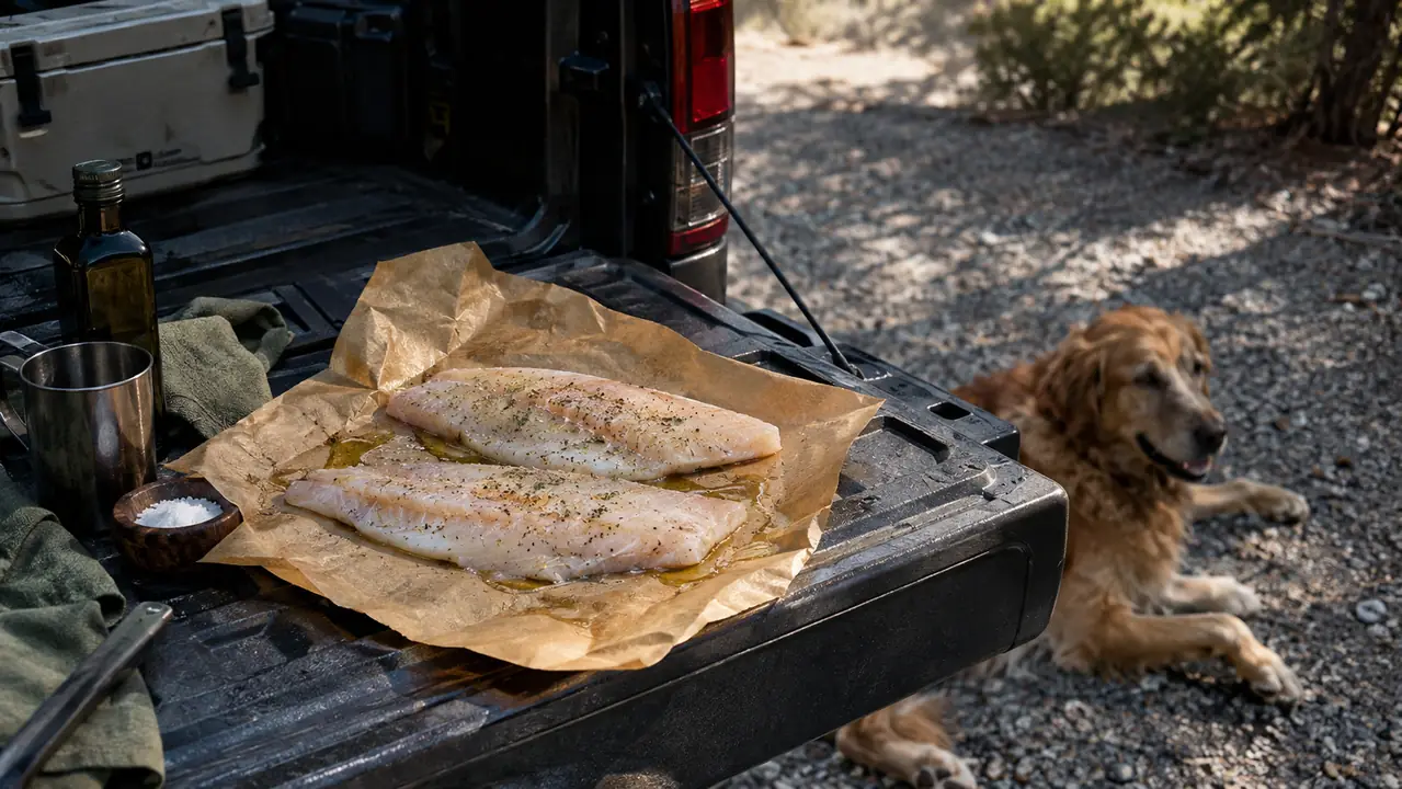 Two boneless fillets laid on brown paper on a tailgate while a dog lies nearby in the shade.