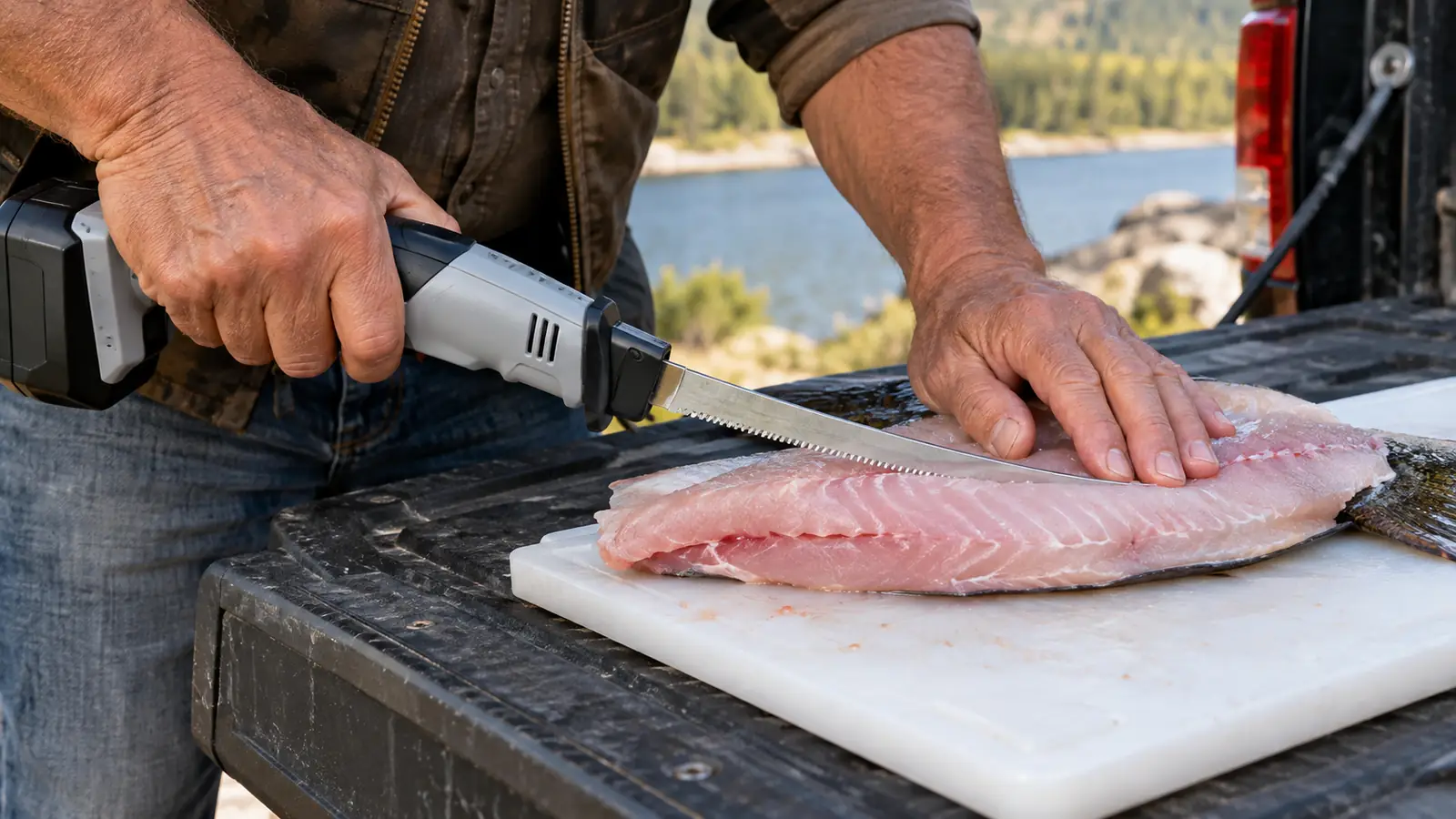 A person uses a cordless electric fillet knife on a cutting board on a tailgate while cleaning a fish outdoors.