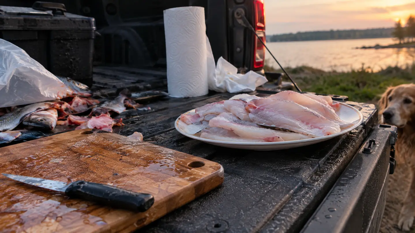 A clean cutting board, paper towels, and a plate of fish fillets on a pickup tailgate with the dog in the background.
