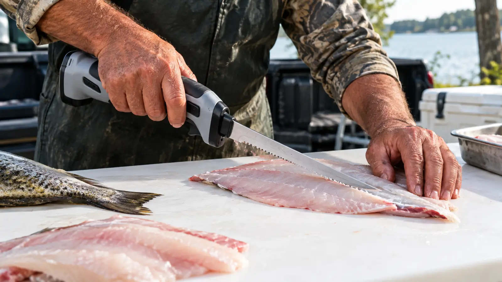 Close view of a hand holding an electric fillet knife over a fish on a cutting board