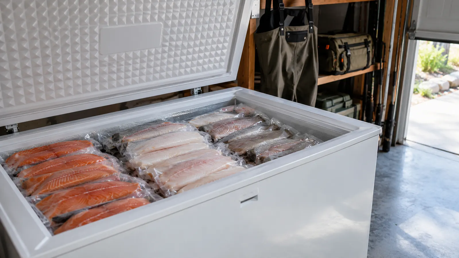 Vacuum-sealed fish fillets stacked in a chest freezer in a garage