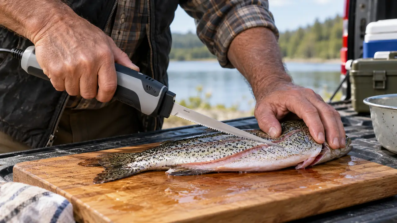 Hand using an electric fillet knife to fillet a trout on a wooden cutting board