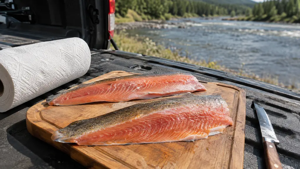 Two fresh trout fillets on a cutting board beside a river in the background