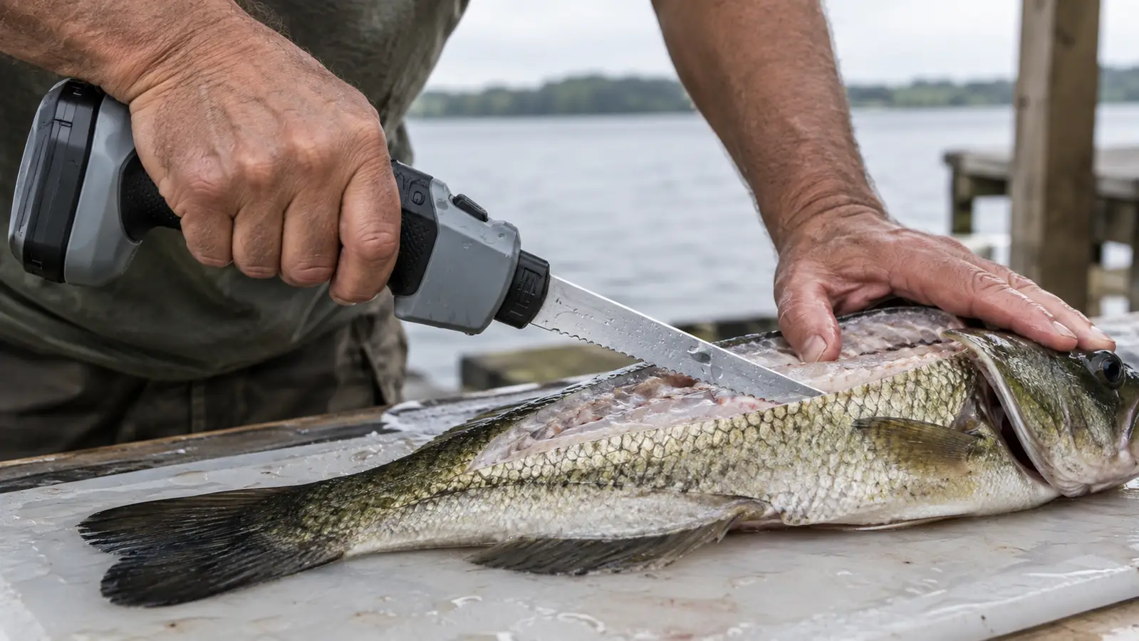A person gripping a cordless electric fillet knife and cutting along the ribs of a fish on a board