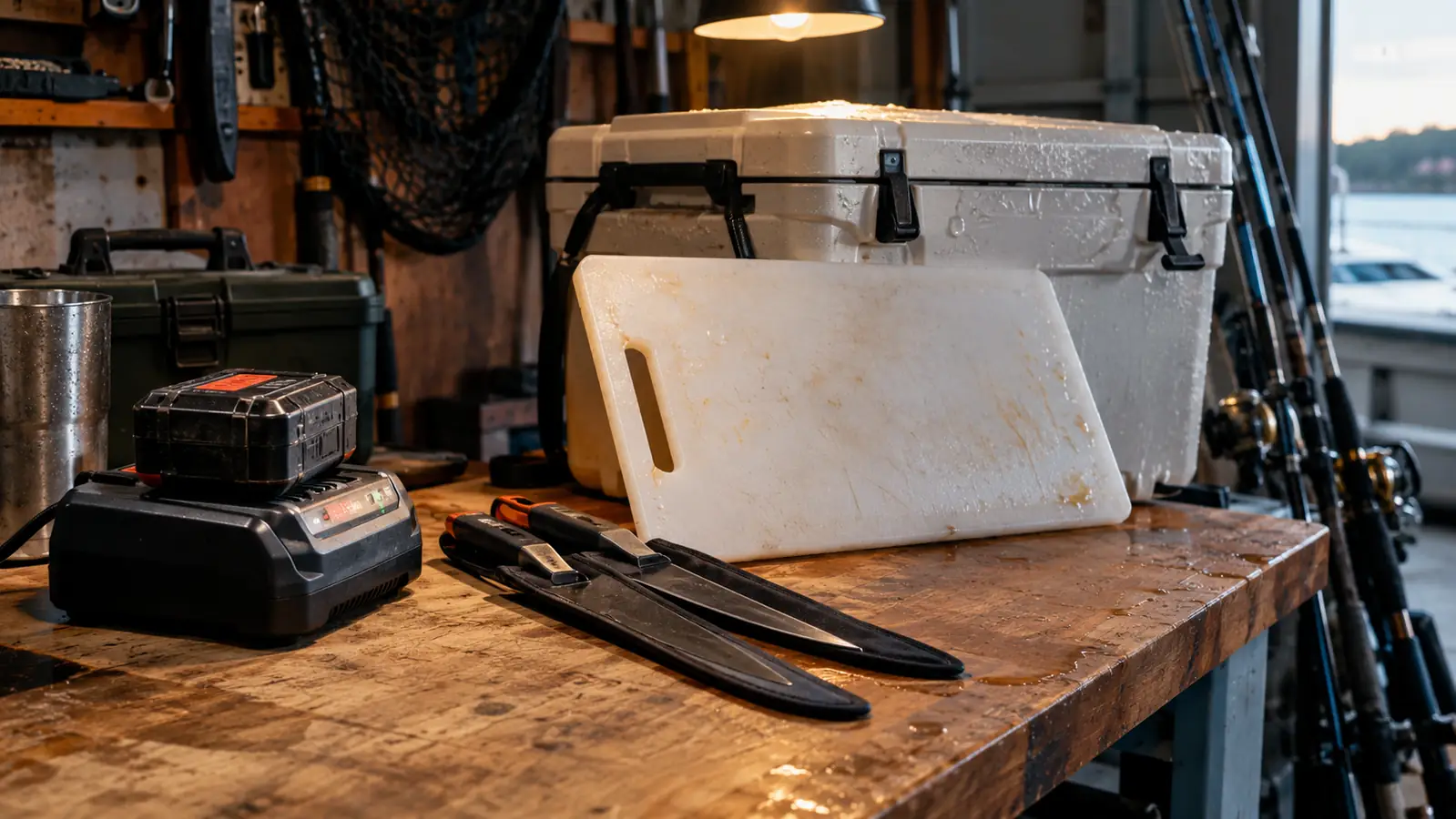 A charging battery and spare blades laid out on a workbench next to a cooler