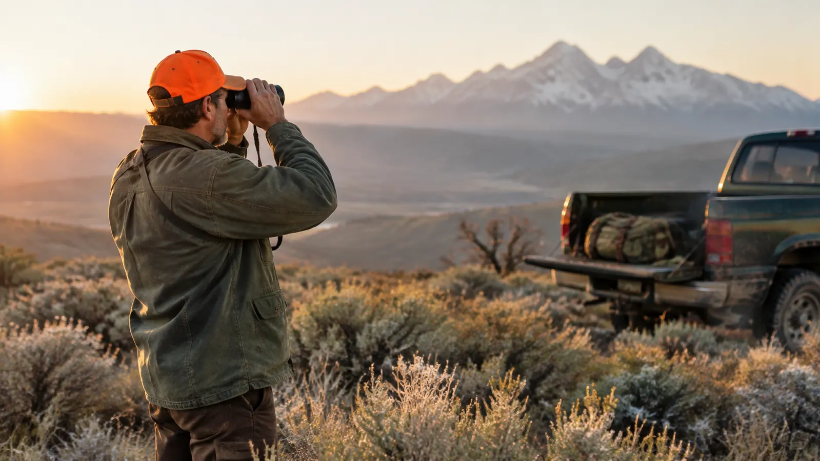 A hunter in a canvas jacket glassing a distant ridge at first light on a frosted sagebrush bench, with a pickup parked behind him