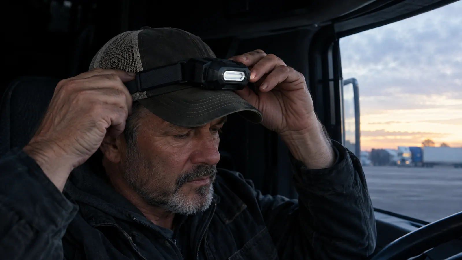 Hand adjusting a headlamp strap over the brim of a ball cap in a dark truck cab