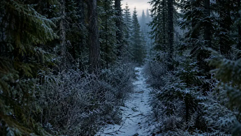 A pine forest trail in grey light just before sunrise