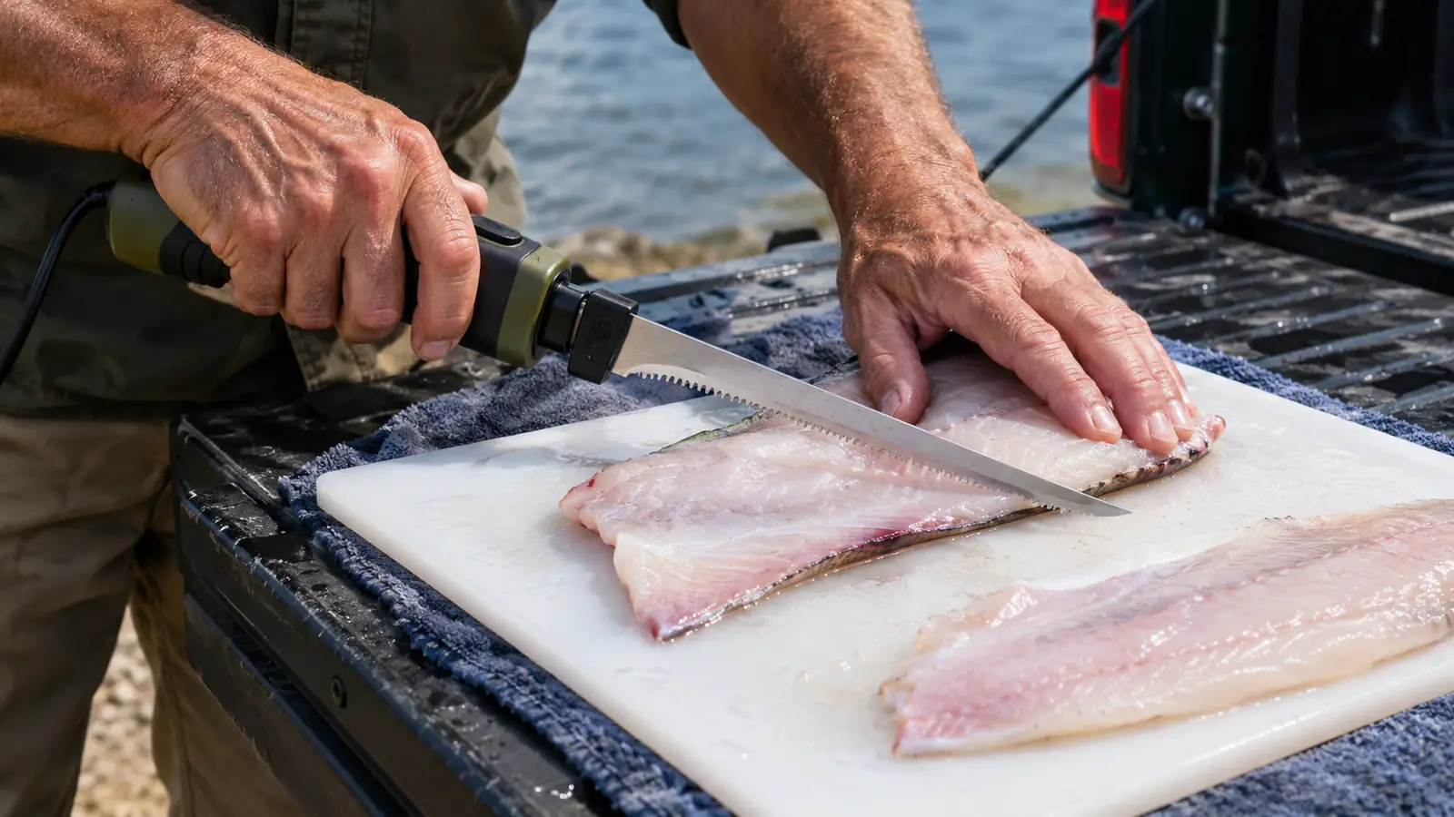 Hands guiding an electric fillet knife along a fish fillet on a cutting board