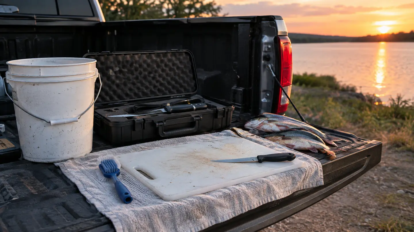 A fish cleaning station on a pickup tailgate with a cutting board and a hard case