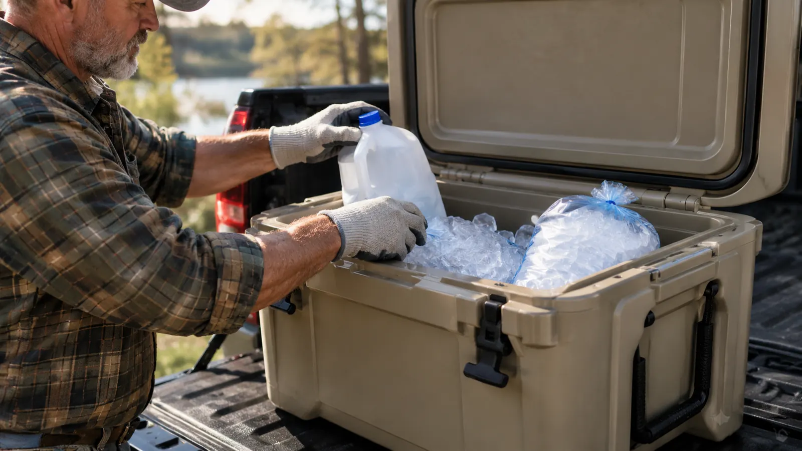 Hands packing bags of ice and a frozen water jug into an open cooler on a tailgate