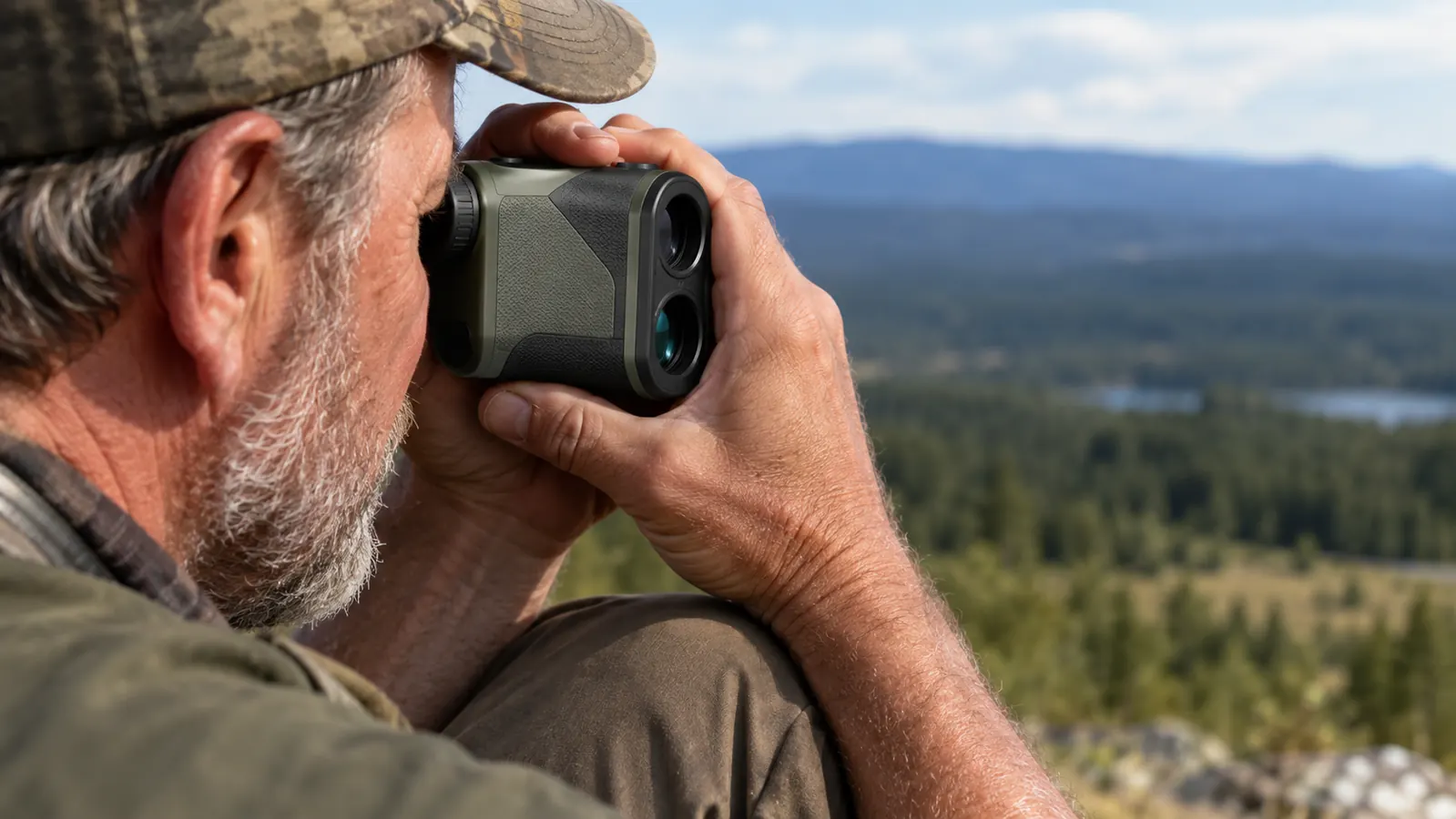 Close view of a hunter holding a rangefinder up to one eye while braced against a knee