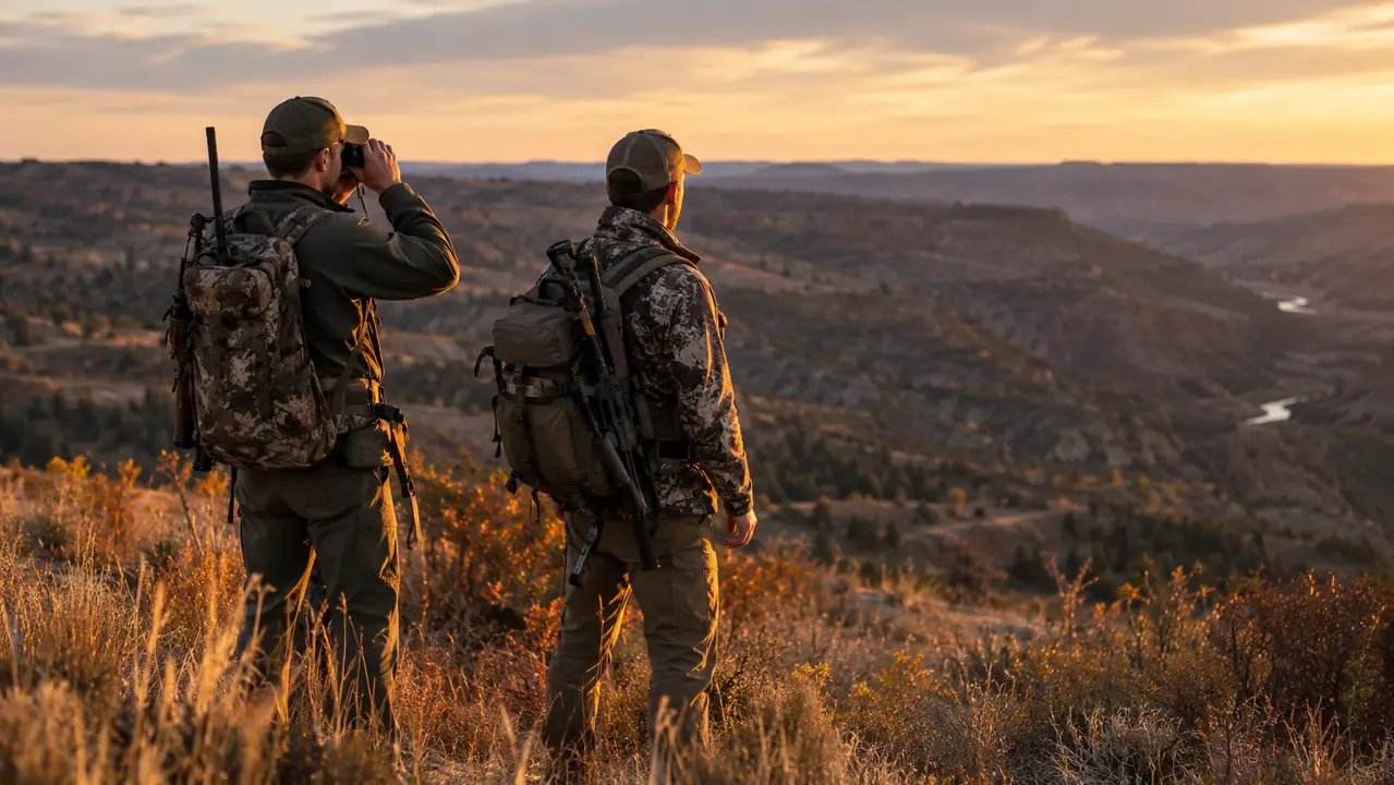 Two hunters in an autumn meadow glassing across a wide canyon at golden hour
