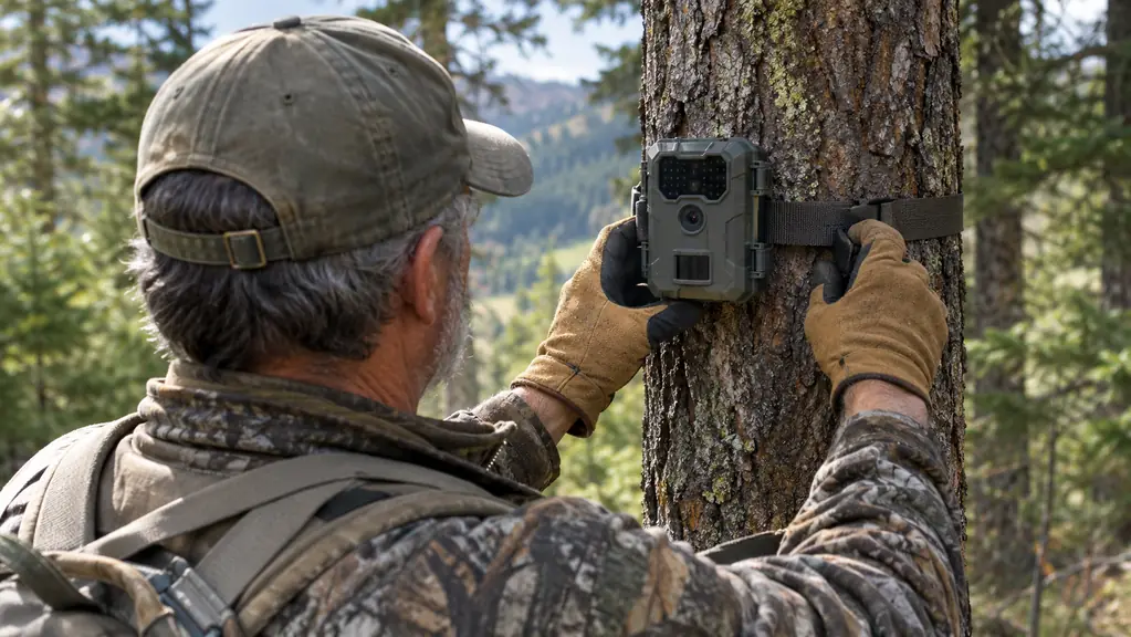 A hunter in a cap and work gloves strapping a trail camera to a tree trunk at chest height
