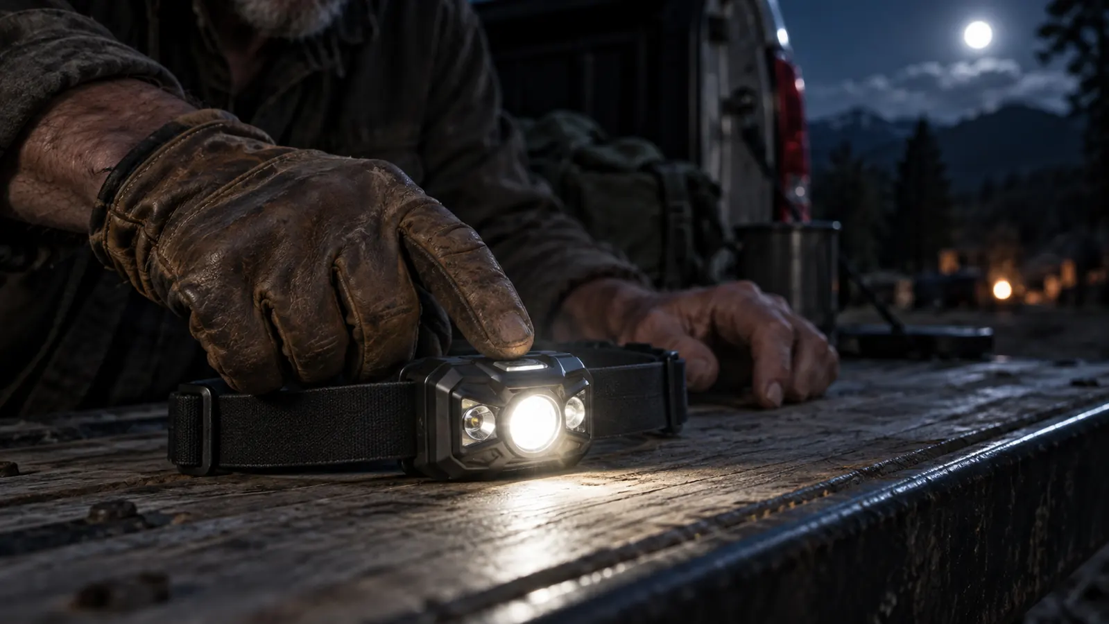 Hand in a work glove presses the button on a headlamp beside a pickup tailgate in low light