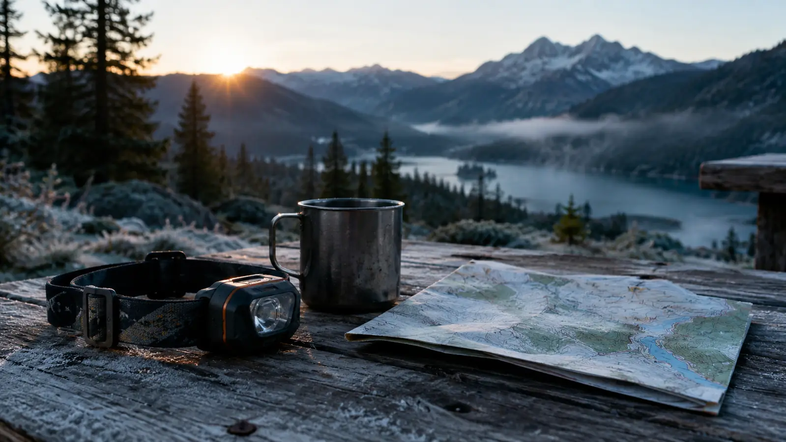 Headlamp lying on a wooden camp table at dawn beside a tin coffee mug and a folded map