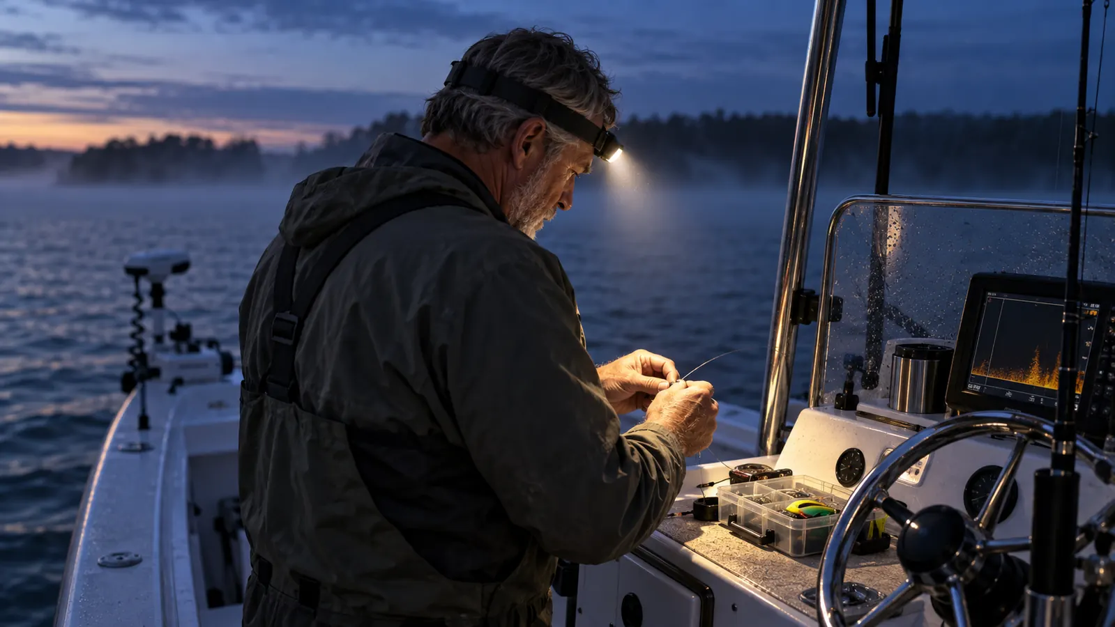 Hands tying a fishing line at a dark boat console, lit only by the wearer's headlamp beam.