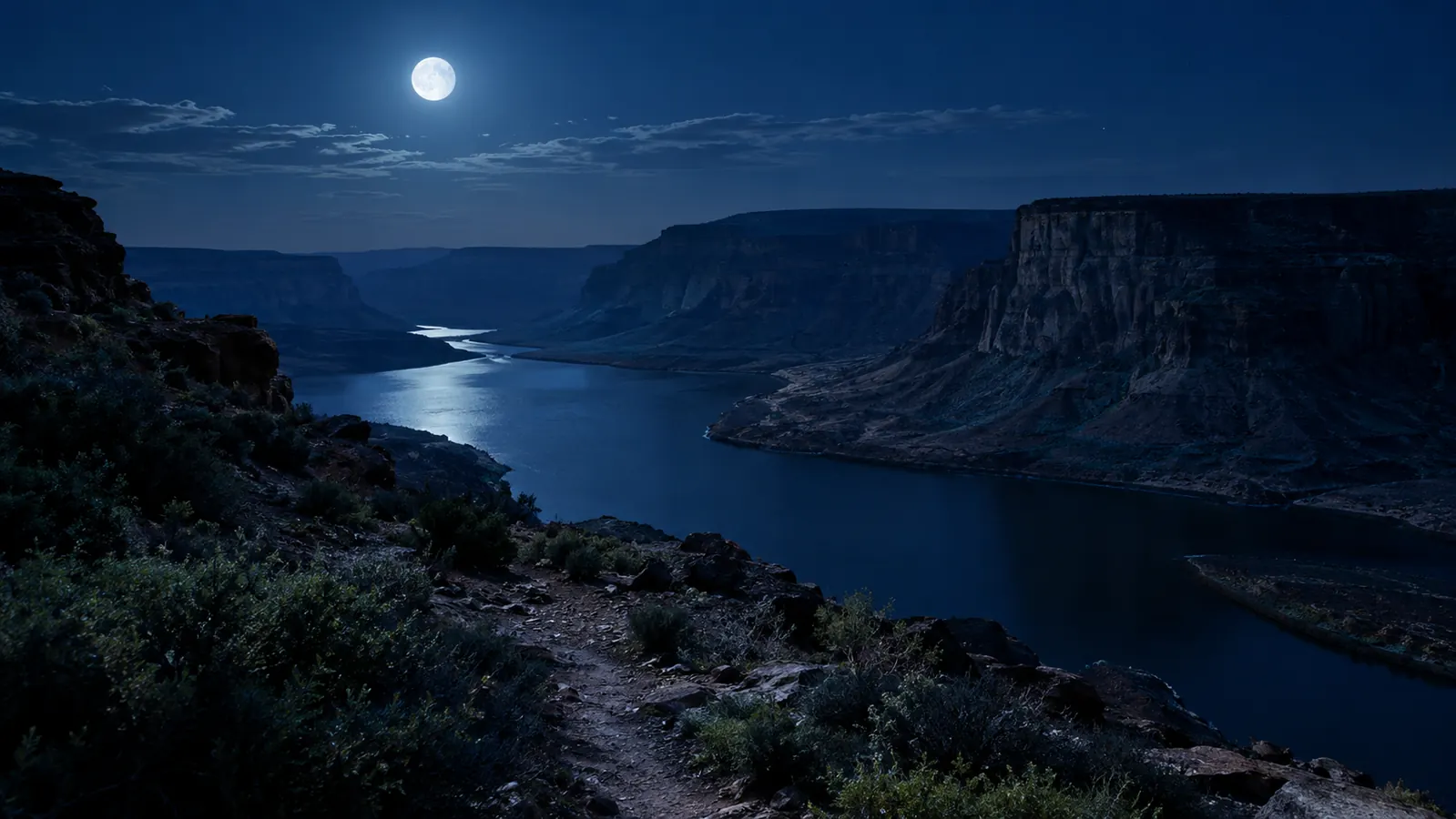 A moonlit river canyon at night with a faint trail running below a ridge.
