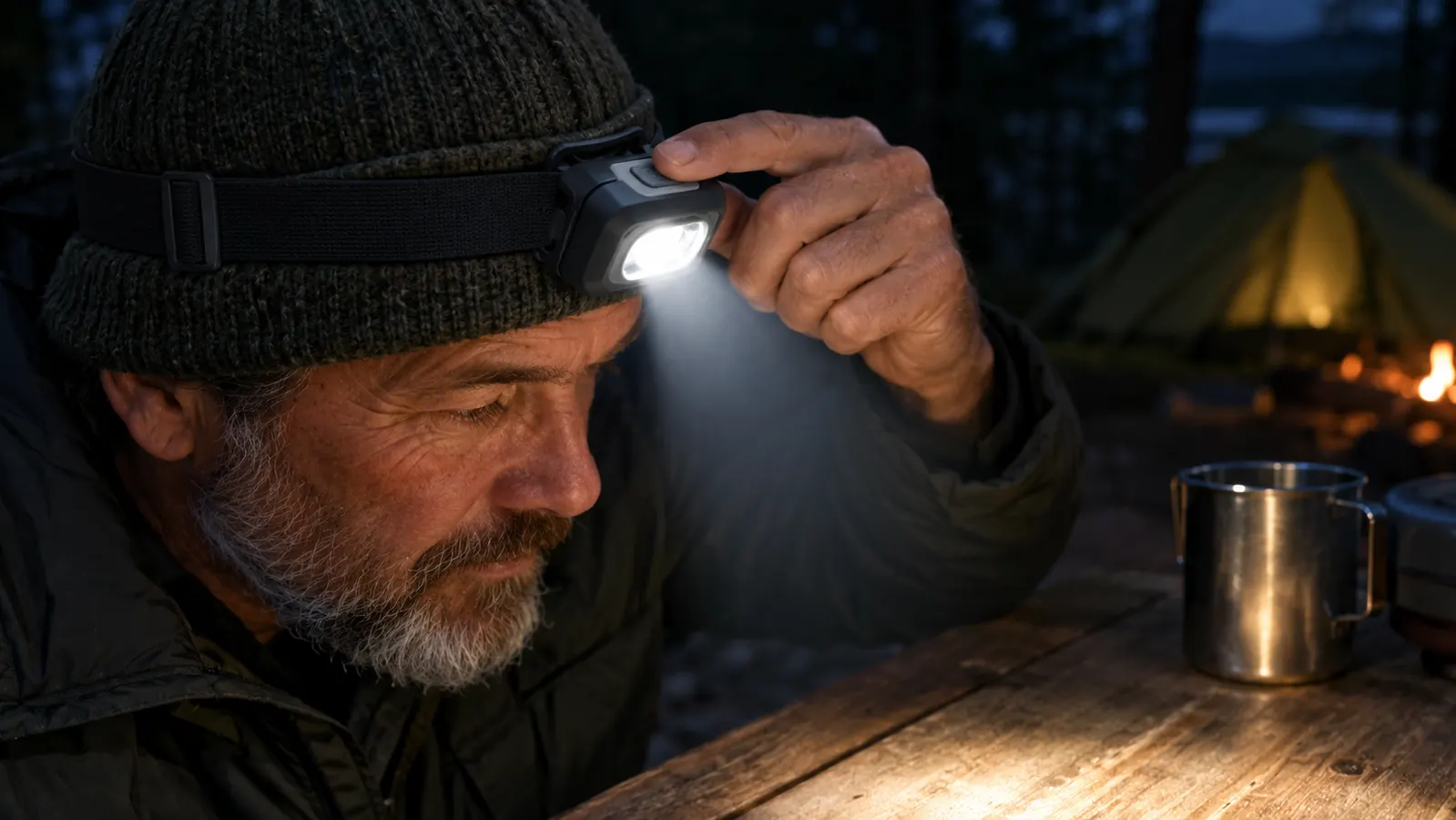 Hand pressing the button on a headlamp worn over a knit cap at night, beam falling on a camp table
