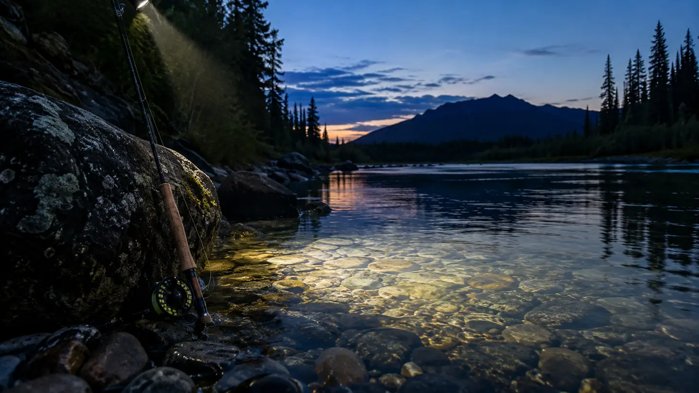 A wide headlamp beam crossing a gravel riverbank at dusk, a fishing rod resting against a rock