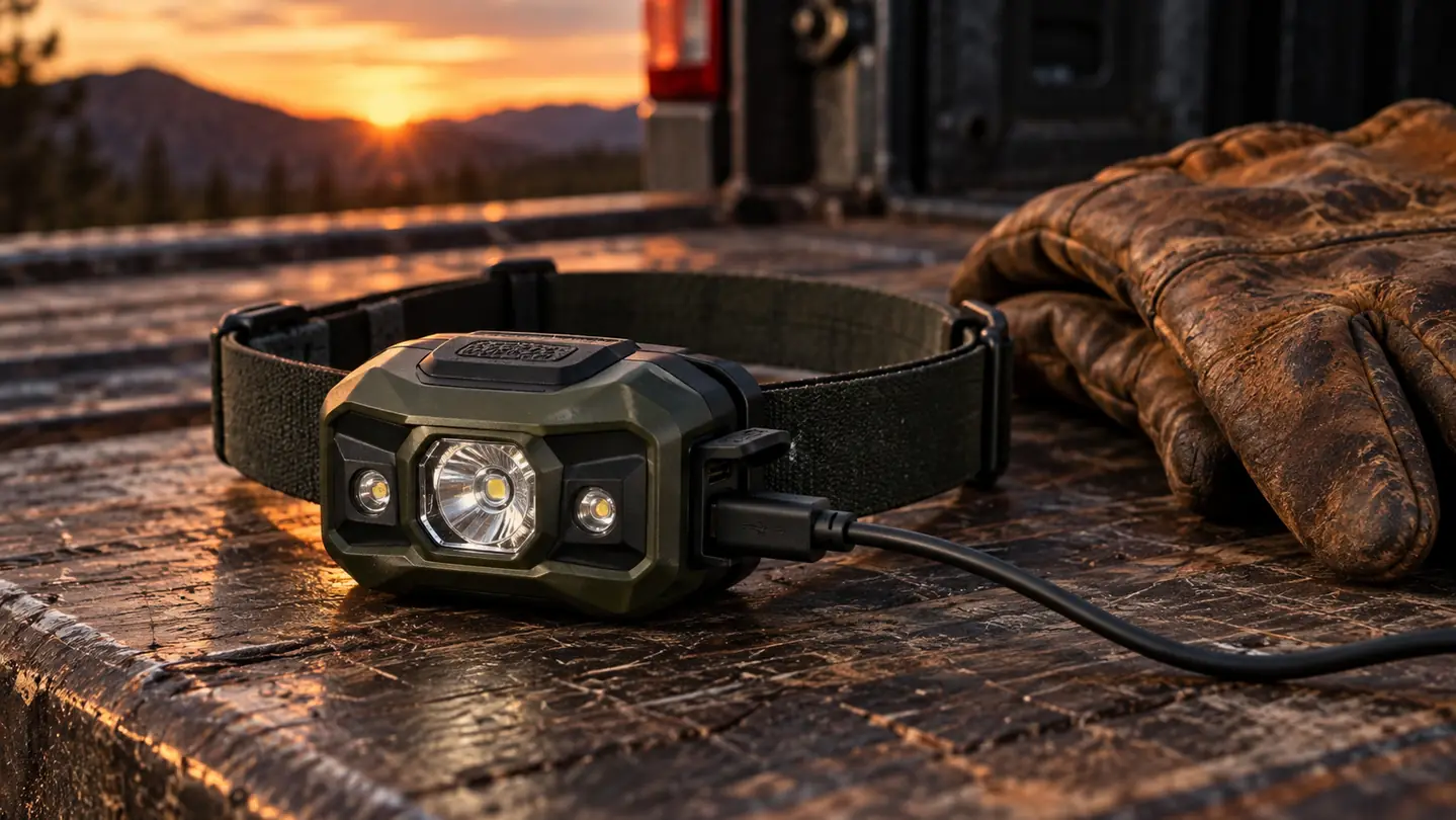 Rechargeable headlamp charging from a USB cable on a wooden tailgate beside a work glove