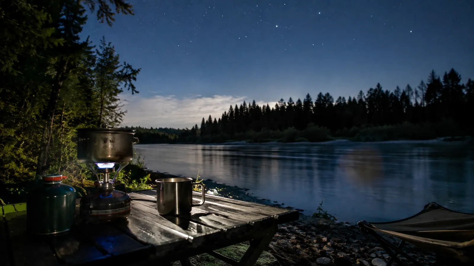 Wide beam of a headlamp lighting a camp cooking table beside a river at night