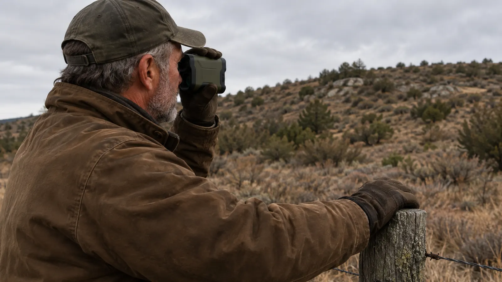 A gloved hand holding a rangefinder up toward a brushy ridgeline.