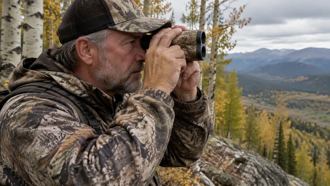 A hunter holding the camo rangefinder steady with both hands at the edge of a timbered hillside
