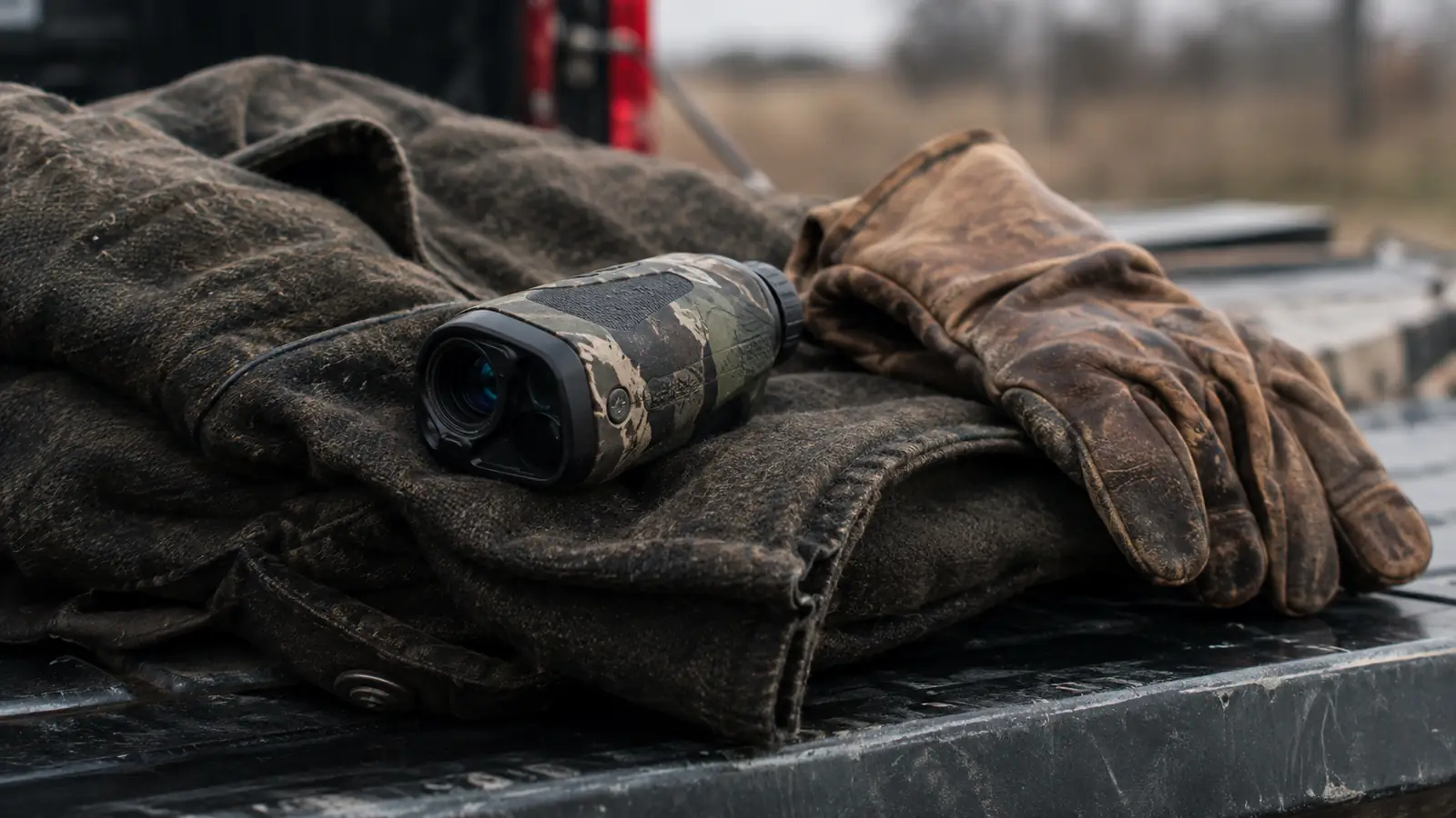 The camo rangefinder lying on a folded wool jacket on a truck tailgate next to a worn leather work glove
