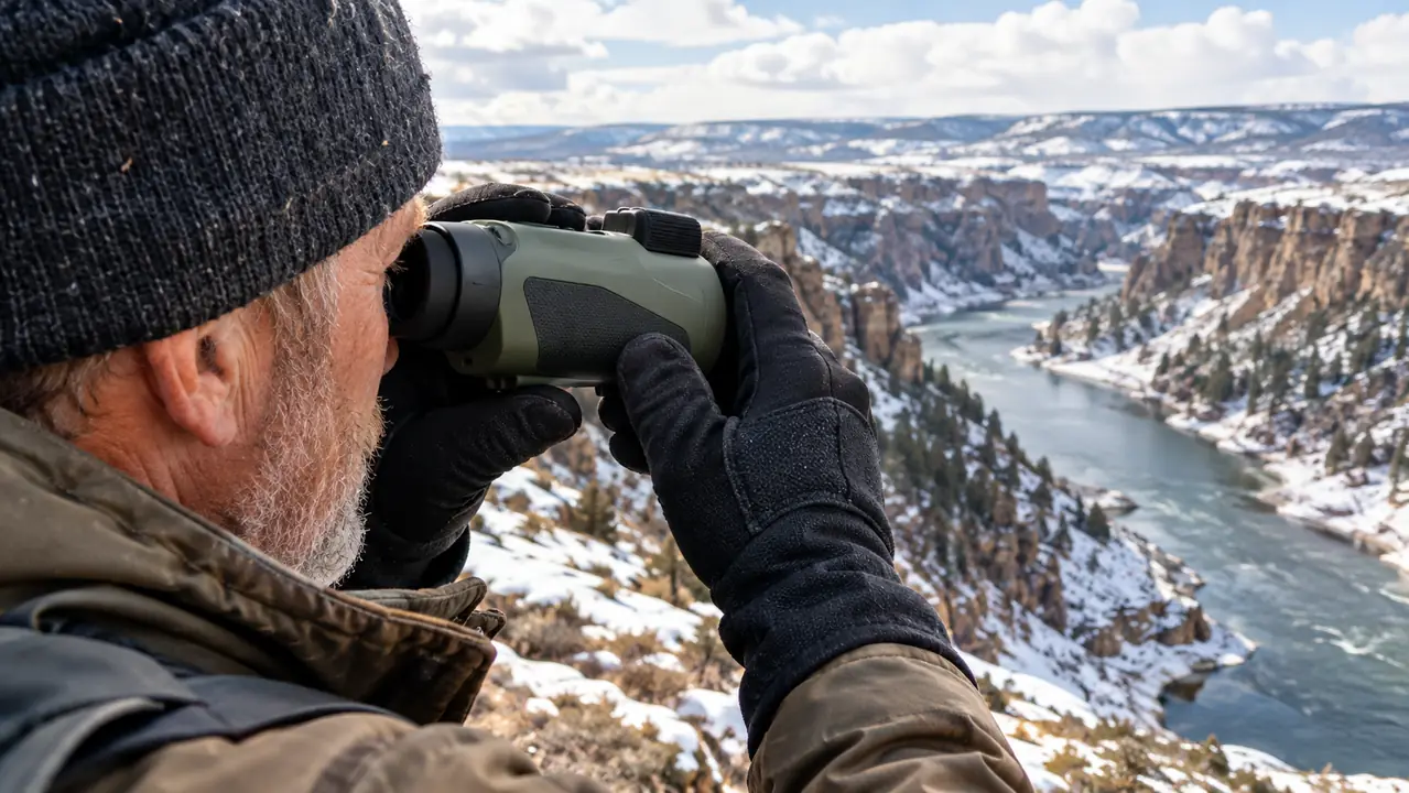 A gloved hand holds a rangefinder up to one eye while scanning a snow-dusted river canyon