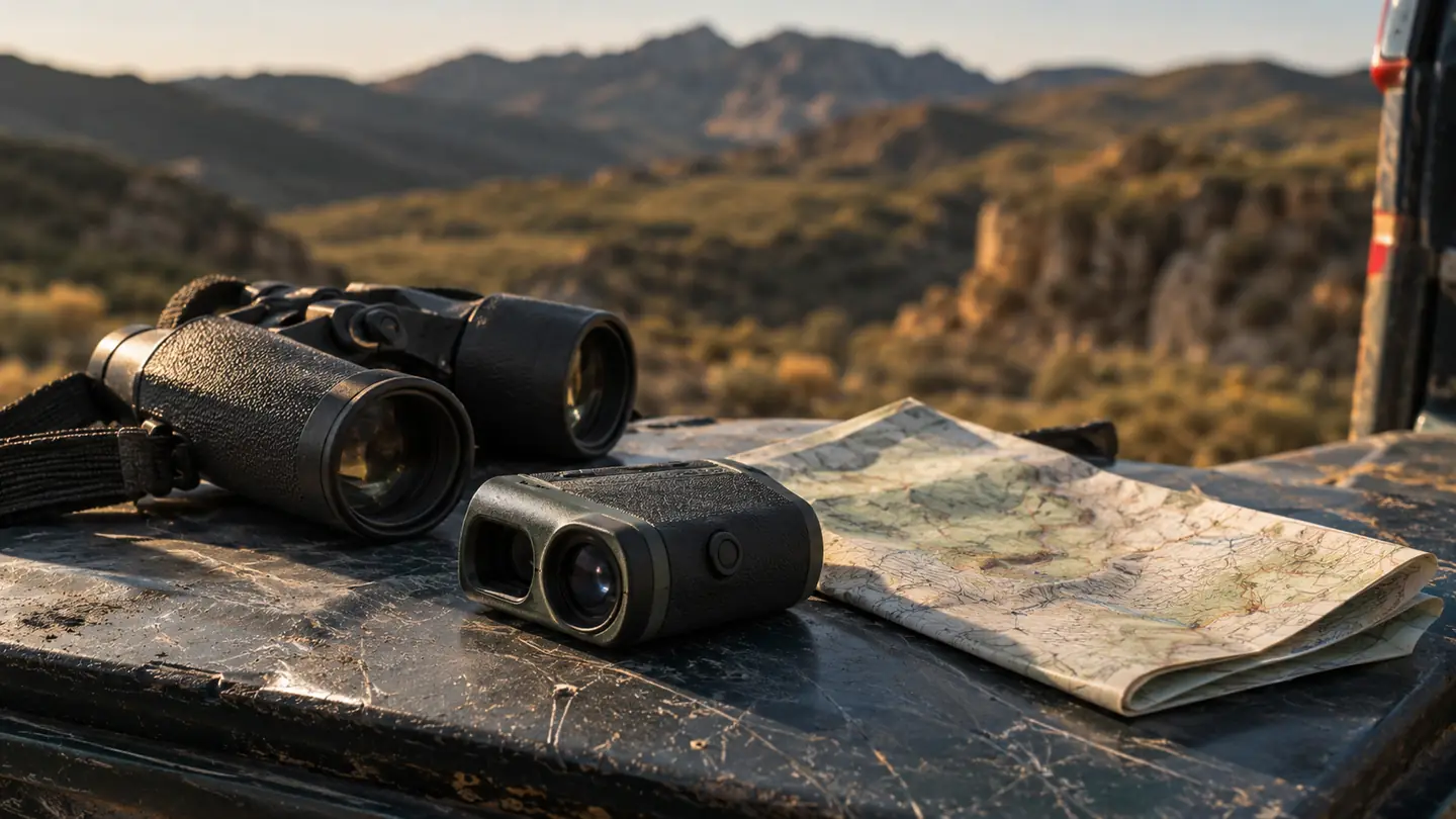 A handheld rangefinder rests on a scratched pickup tailgate beside a folded paper map and a pair of binoculars in late afternoon light