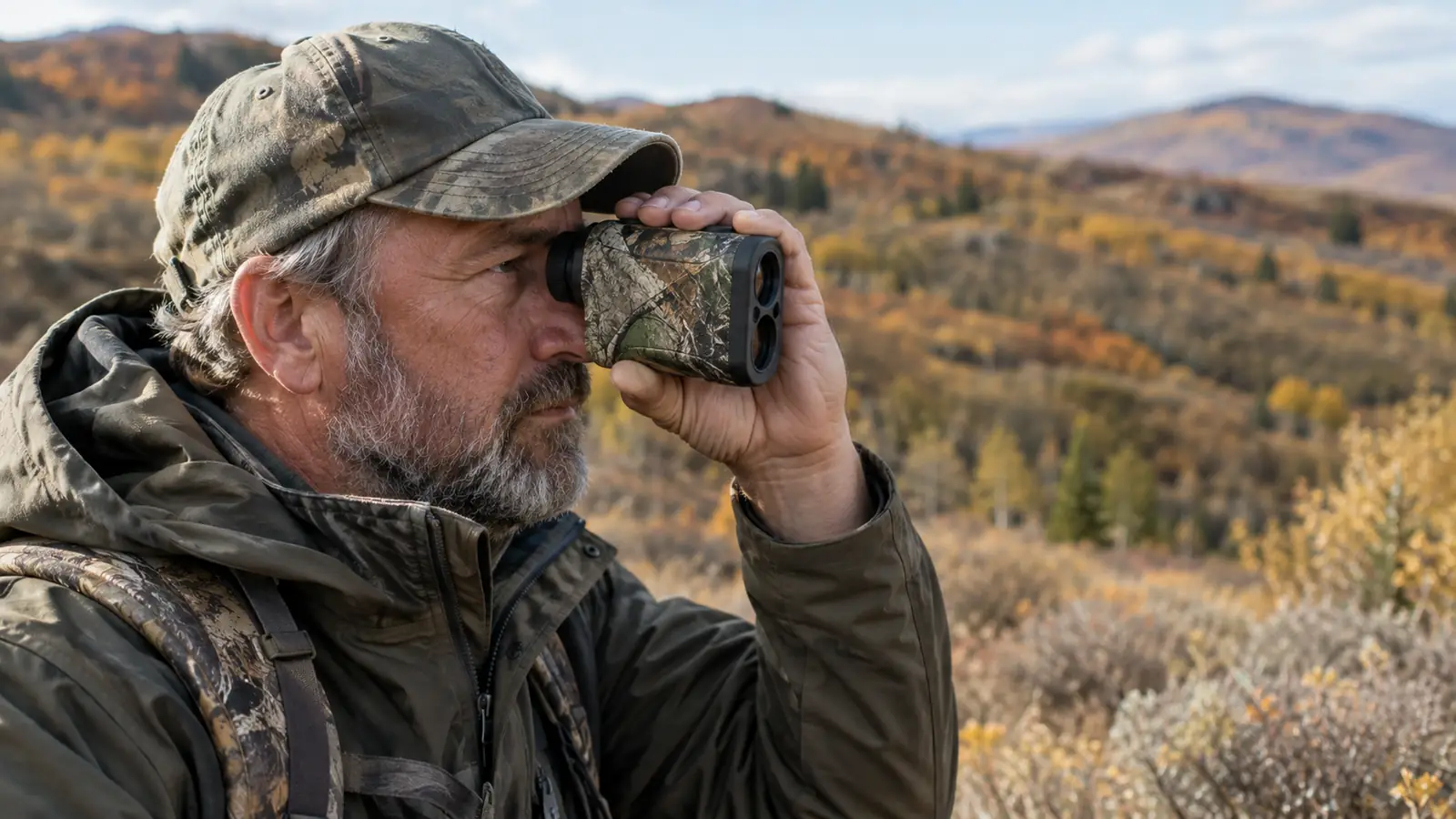 hunter raising a camouflaged rangefinder to eye level while glassing an autumn hillside