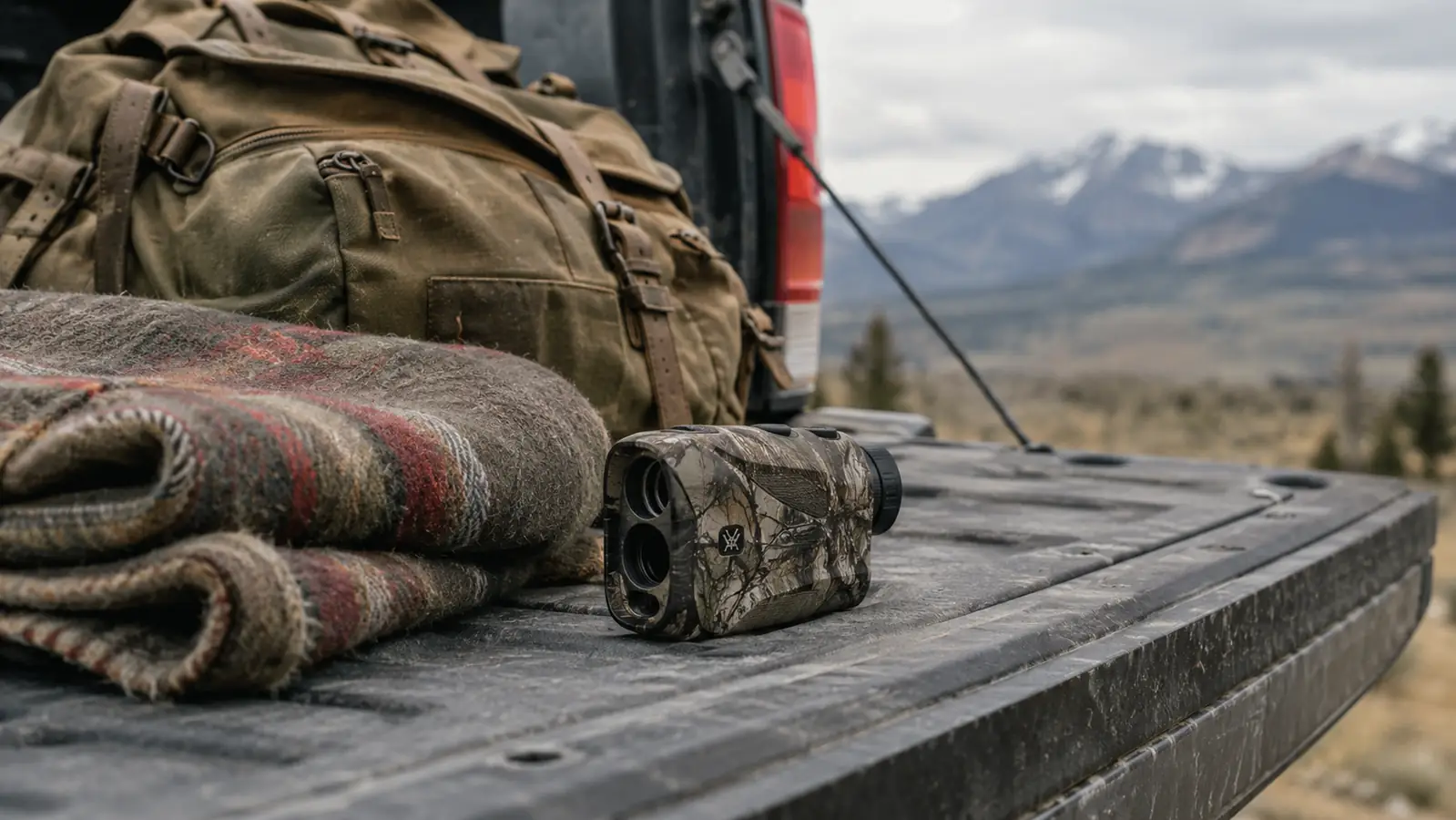 a rangefinder lying loose on a truck tailgate next to a canvas day pack and a folded wool blanket