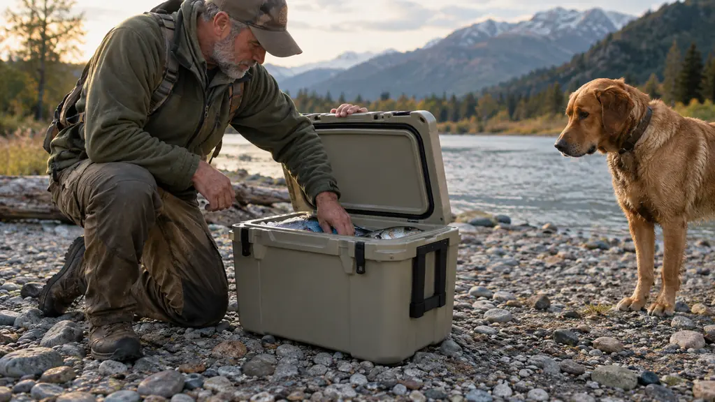 A hunter kneeling beside an open hard cooler on a gravel river bar while a dog watches