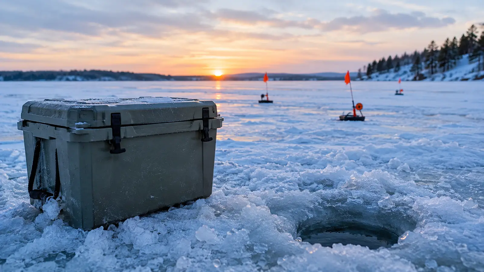 A hard cooler sitting on the ice near an open ice fishing hole at dawn