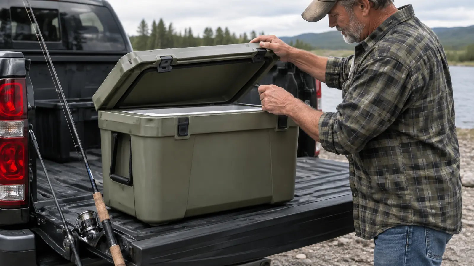 A person reaching into the open hard cooler on a tailgate, fishing rod leaning against the truck nearby