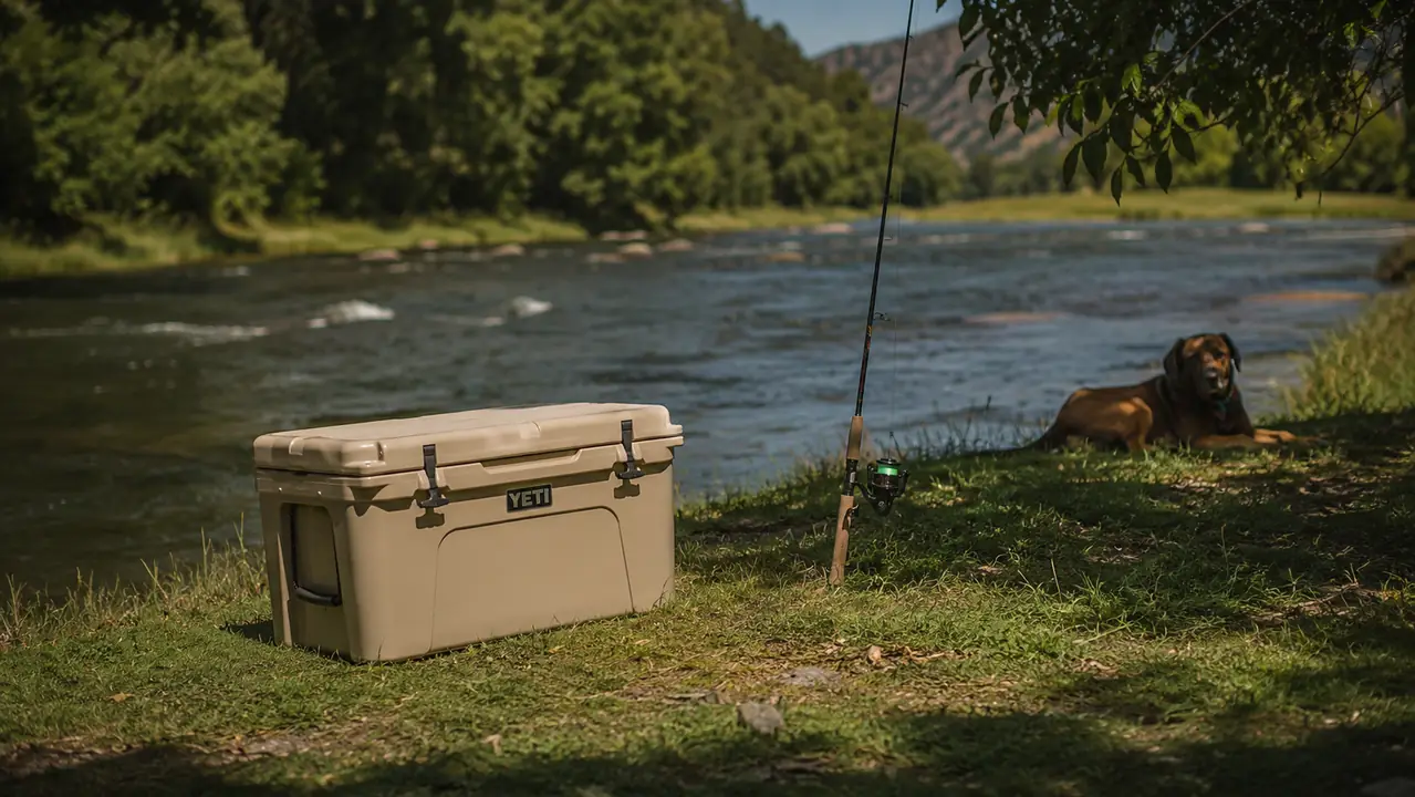 The hard cooler sitting closed on a grassy riverbank with a fishing rod resting beside it and the dog lying in the grass nearby