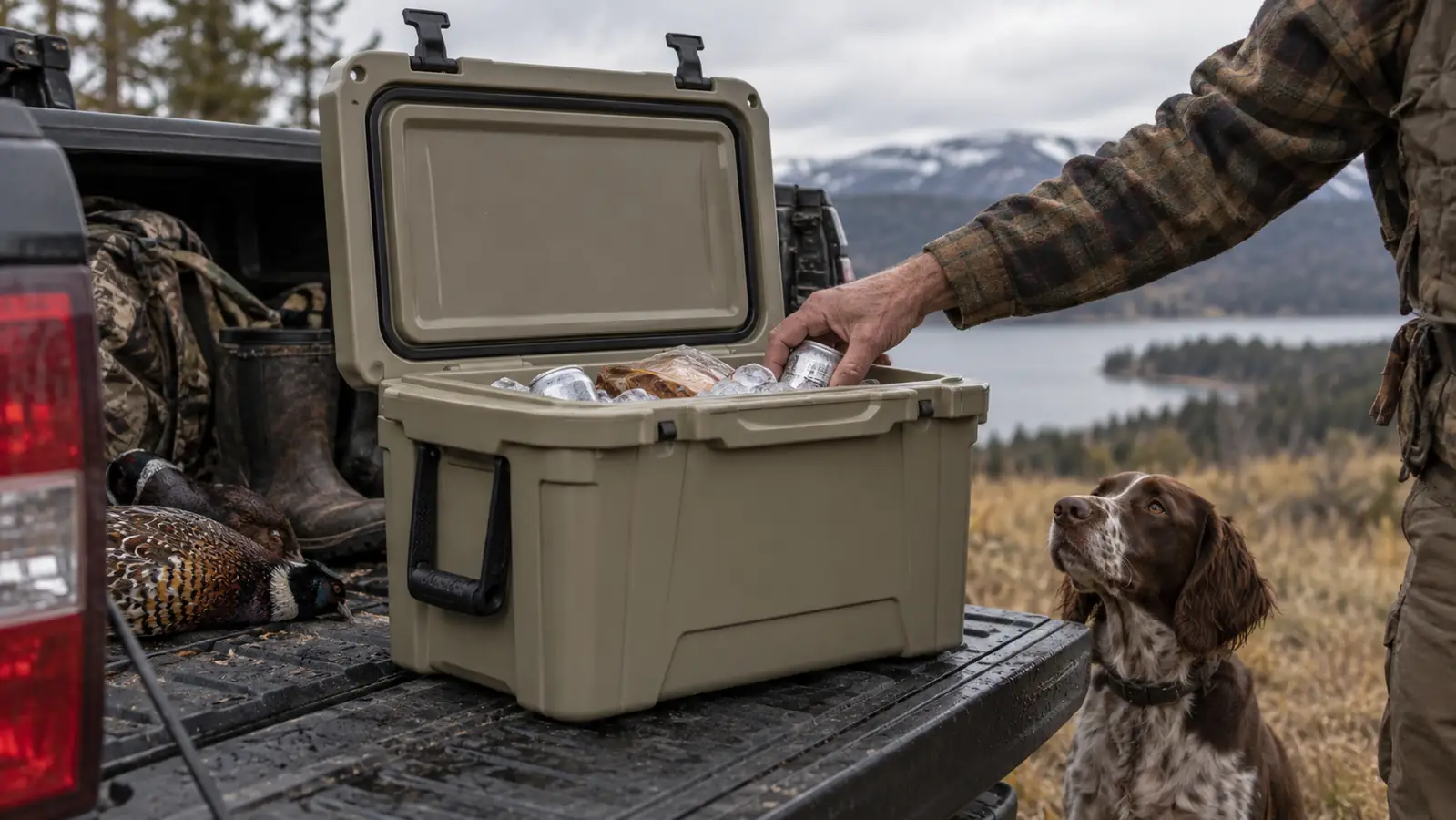 A hunter reaching into an open cooler on the tailgate of a pickup while a dog sits nearby
