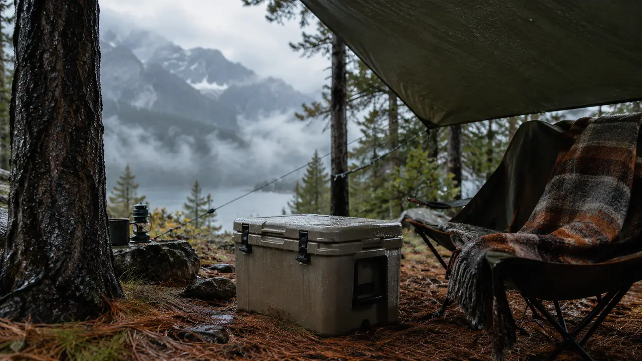 A hard cooler sitting on the ground beside a camp chair under a tarp in a rainy mountain camp