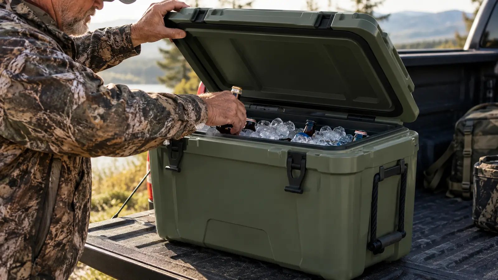 A person lifting a cooler lid and reaching inside while standing next to an open pickup tailgate