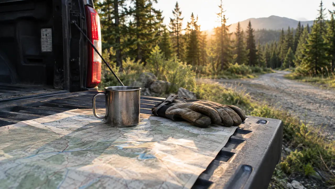 Cooler lid used as a small table with an old map, a metal mug, and a pair of work gloves