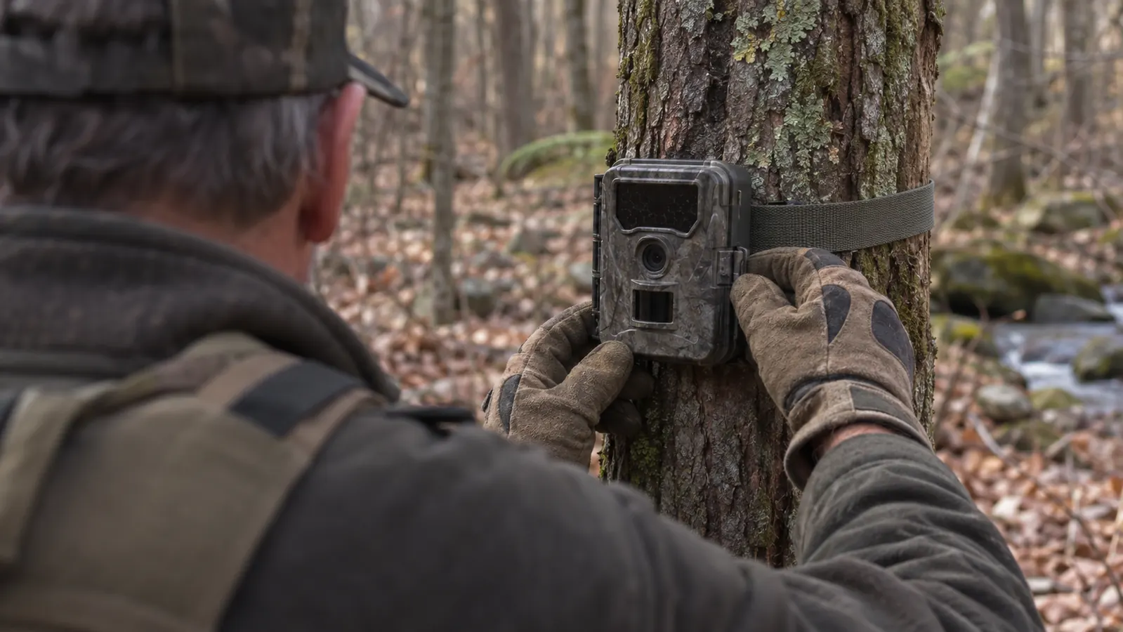 A hand in a work glove reaching up to open a trail camera strapped to a tree.